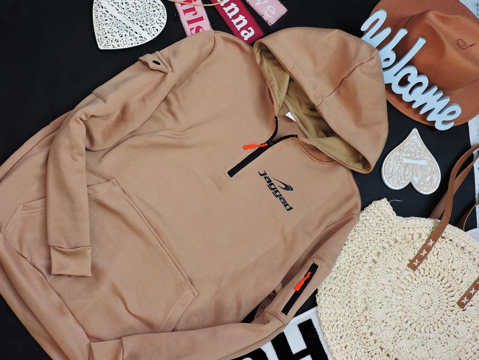 Fashion Męska ocieplana karmelowa bluza kieszonki zamek M