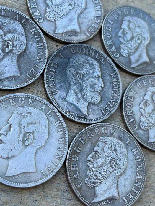 Série de 7 moedas romenas de 5 Lei – 1881 a 1901