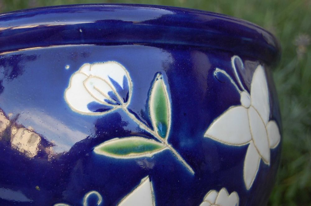 Osłonka na donicę, doniczka, kobalt, motyle, ceramika śr. 24 cm