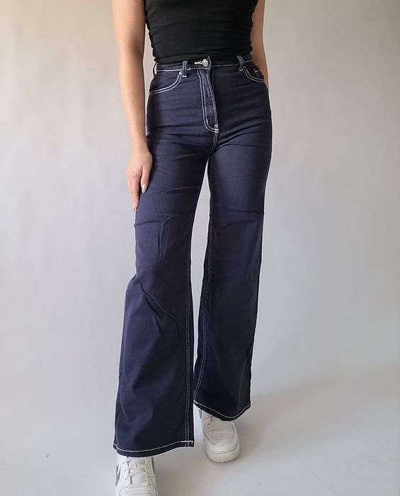 Granatowe szerokie spodnie wide leg wysoki stan jeans 34 XS