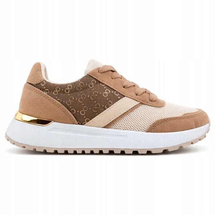 Buty Sportowe Damskie Sneakersy Beżowe Na Platformie Lekkie Sznurowane