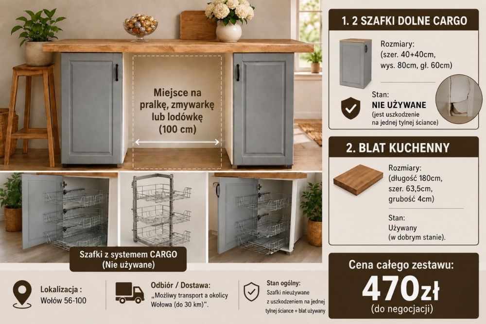 Meble kuchenne szare Cargo + blat kuchenny