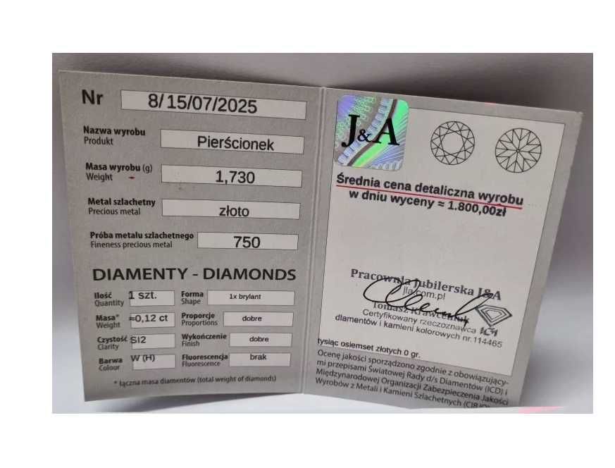 piękny złoty pierścionek BIAŁE ZŁOTO 1,75G 750 BRYLANT