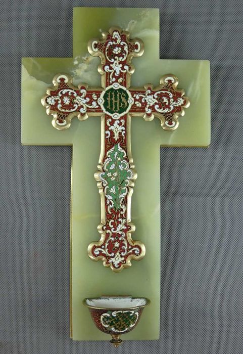 Duża KROPIELNICA onyx emalia Jezus KRZYŻ 34,5 cm 2 kg