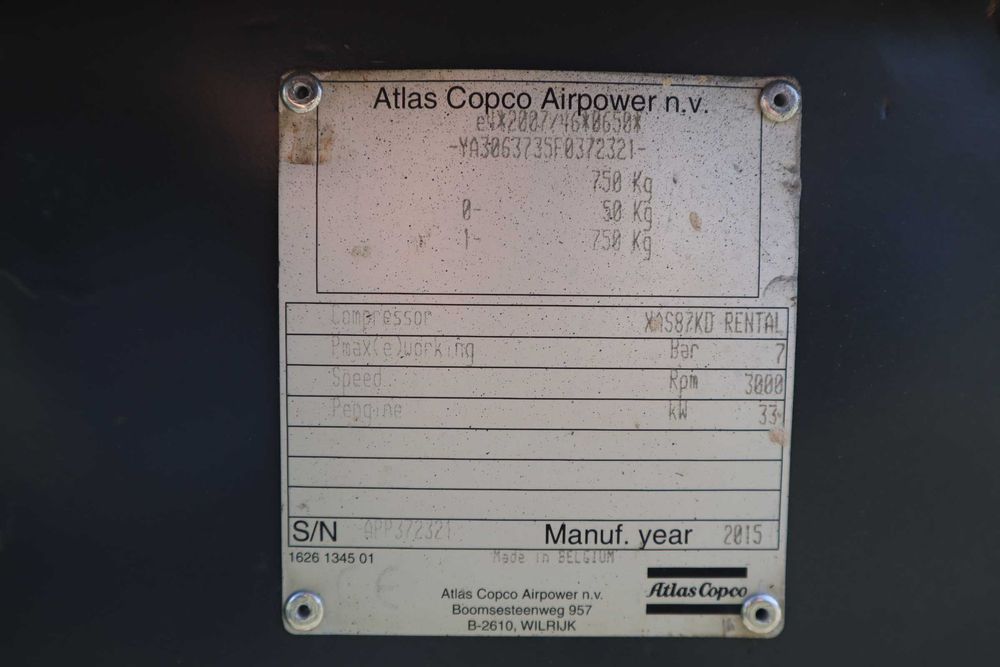 2015 Atlas Copco XAS87KD Compressor de Ar Rebocável
