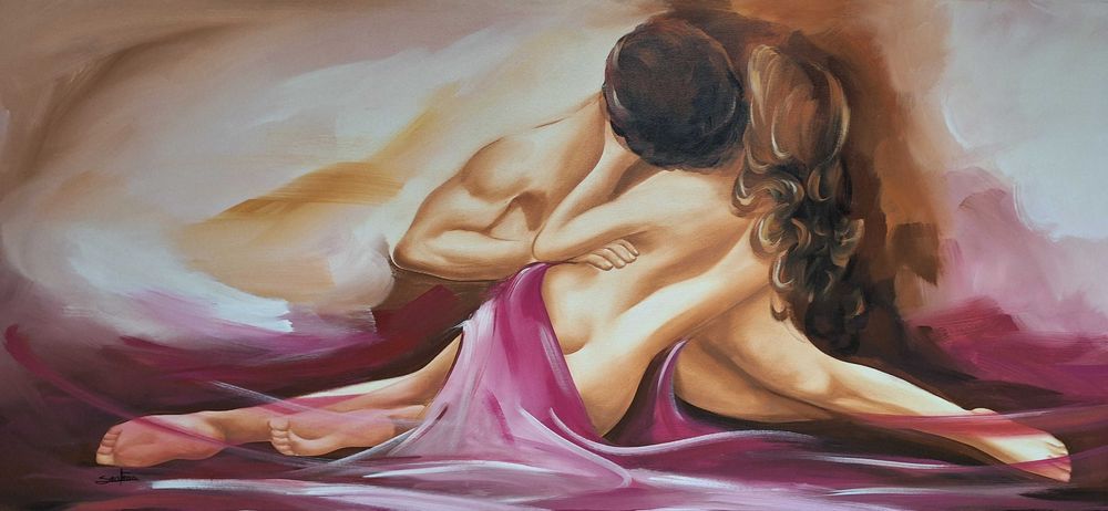 Tela a óleo "Corpos" assinada - 140x60
