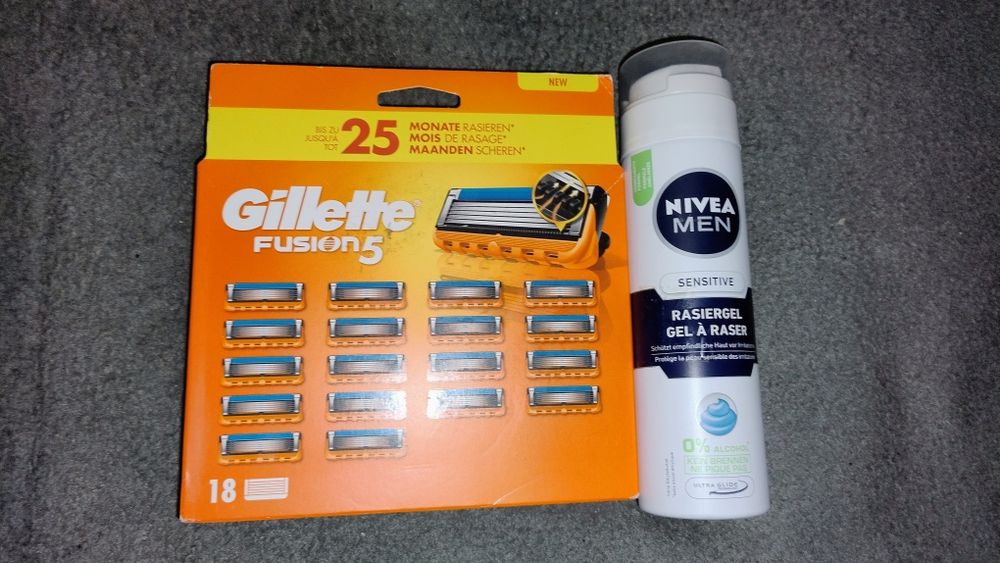 Gilette Fusion zapasy plus żel Nivea sensitive GRATIS.