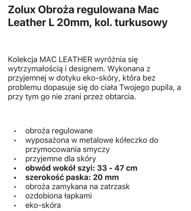 Obroża regulowana turkusowa Mac Leather Zolux L