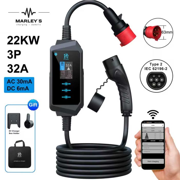 Carregador Portátil 22 kw - 32A - Trifasico c/APP -Eletricos/ Hibridos