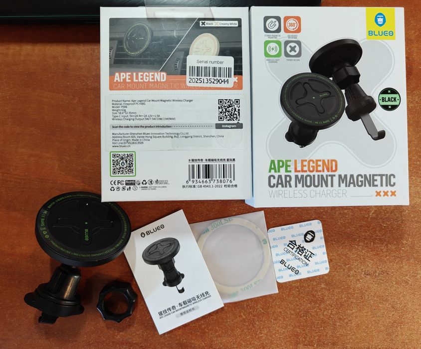Автотримач із бездротовою зарядкою Blueo Ape Legend Car Mount Magnetic Wireless Charger Black