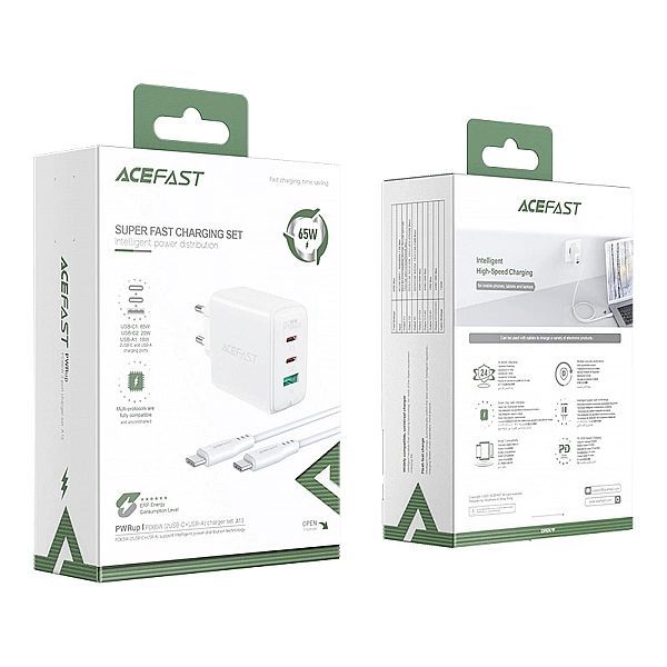 Acefast 2w1 ładowarka sieciowa 2x Usb-c / Usb-a 65w, Pd, Qc 3.0, Afc,