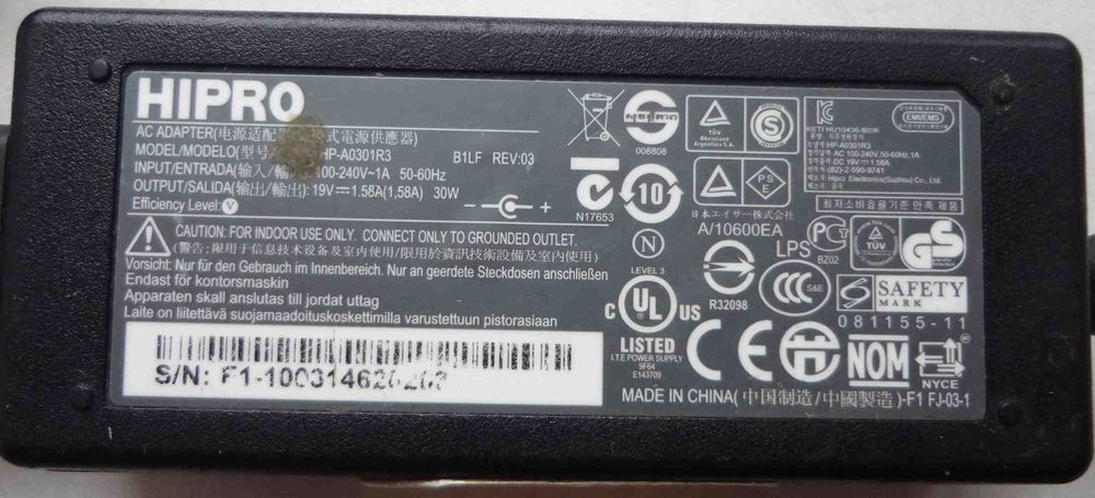 Блок питания HP-A0301R3 Hipro 19V 1.58A, адаптер