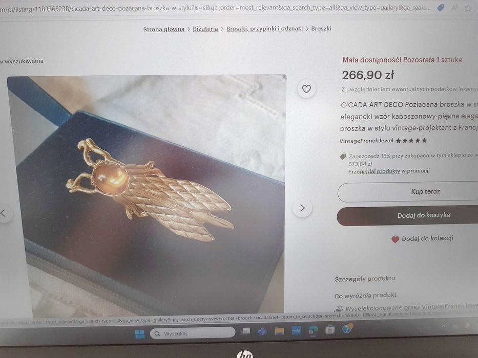 Broszka vintage cykada sygnowana YR Yves Rocher