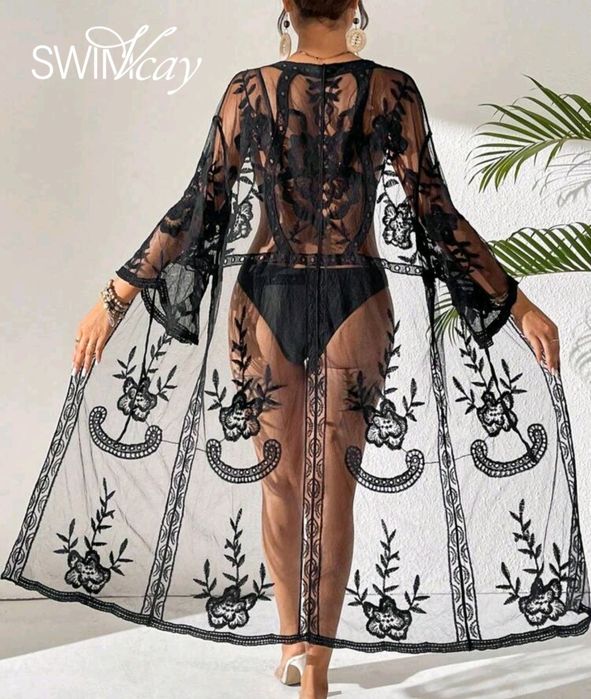 Парео накидка с вышивкой кружевной оверсайз. Большой размер XL-XXL - X