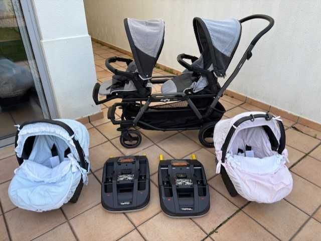 Carrinho de Gémeos Peg Perego + 2 Ovos + 2 Bases ISOFIX + Forras Ovos