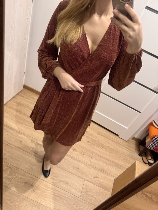 Sukienka kopertowa L ceglana ceglasta brokat