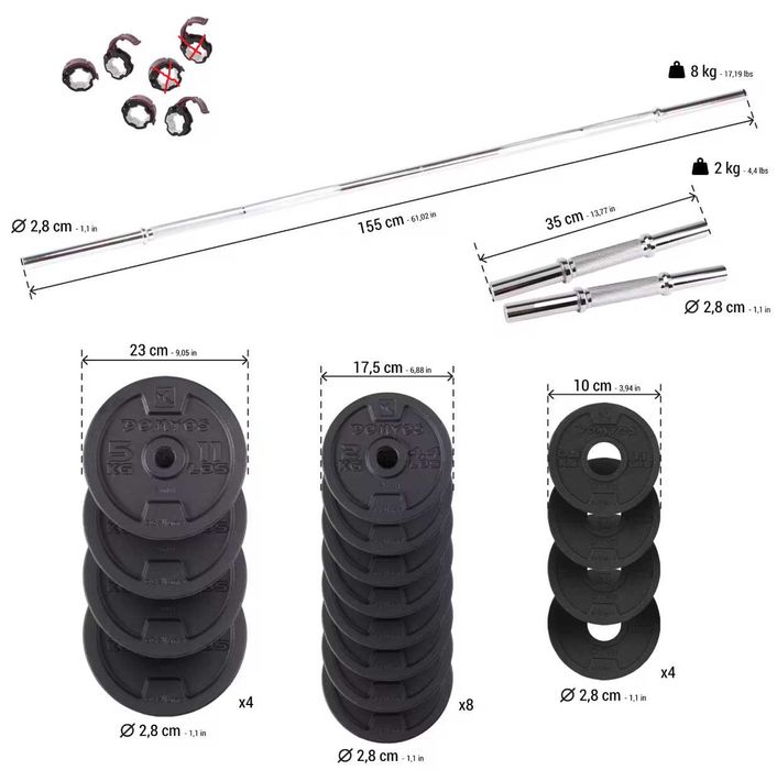 Rack + banco de musculação + conjunto de halteres/barra