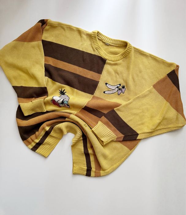 Vintage sweter w paski z haftem owoców | unikat | retro