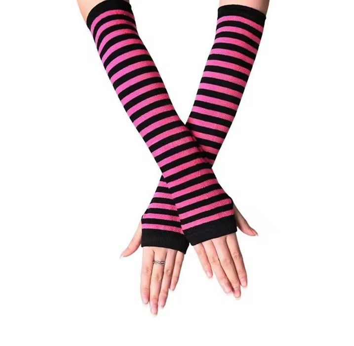 Dzianinowe Długie Rękawiczki wróżowo czarne paski