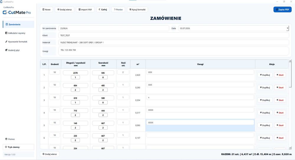 Program do formatek, wycen i rozkroju płyt meblowych - CutMatePro