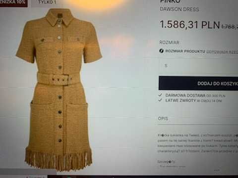 Oryginalna sukienka Pinko z frędzlami i paskiem  r.S