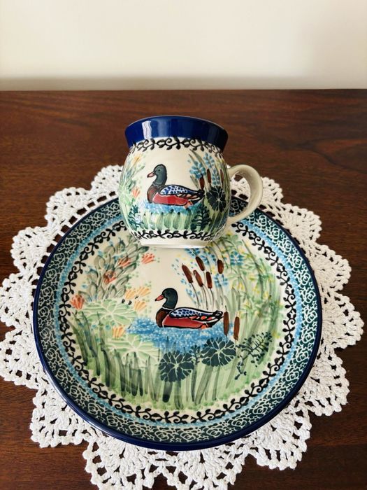 Zestaw kubek talerz ceramika bolesławiecka