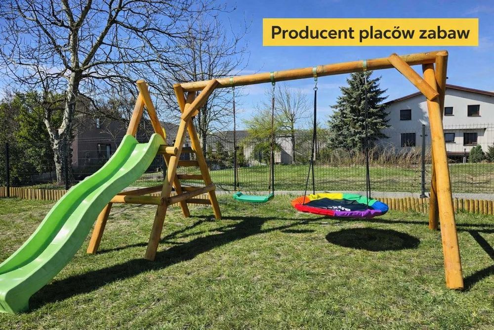Drewniany plac zabaw z bali – 2 huśtawki + ślizg | PRODUCENT
