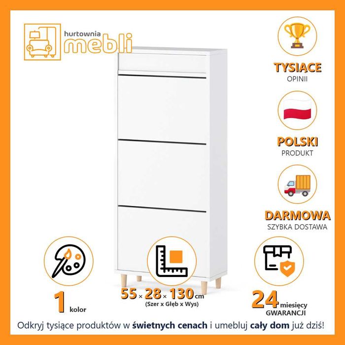 Szafka Na Buty Do Przedpokoju Na Nóżkach 55cm Regał Na Obuwie Biały