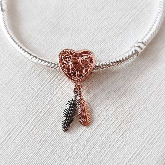 Charms Zawieszka Serce • Ażurowy Łapacz Snów • Piórko • Srebro S925
