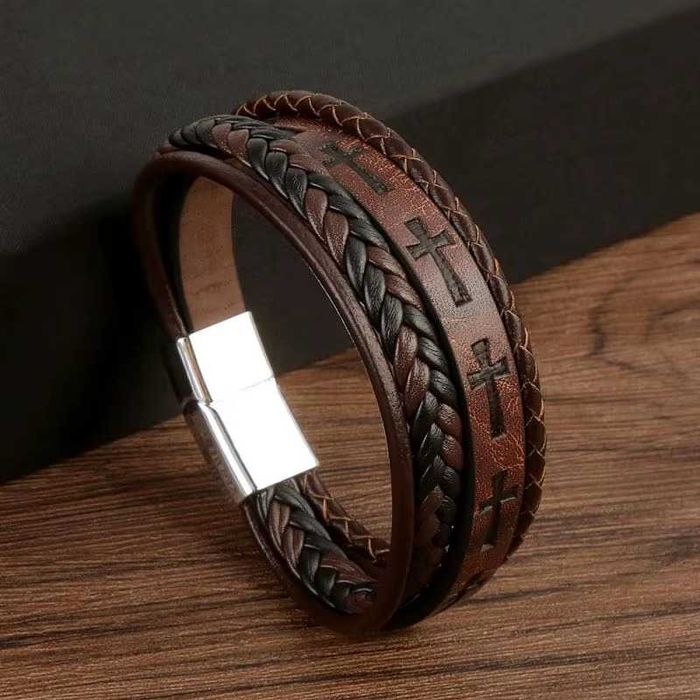 Браслет шкіряний багатошаровий "Хрест" Type D5 18-20-22 см Brown/Black