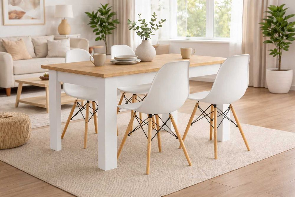 NOWY Stół z Krzesłami do Jadalni Kuchni Salonu Drewniany Sonoma Biały 120x80 cm Stół i Krzesła Skandynawskie Meble Do Domu Kuchenny OKAZJA! Faktura