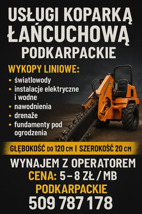 Uslugi Koparka łańcuchowa/wynajem,nawodnienia,instalacje  #Faktura Vat