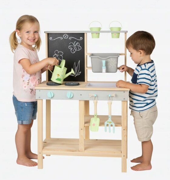 DREWNIANA KUCHNIA DLA DZIECI XXL Zlew Kran Akcesoria Garnki Drewniane Zabawka Prezent