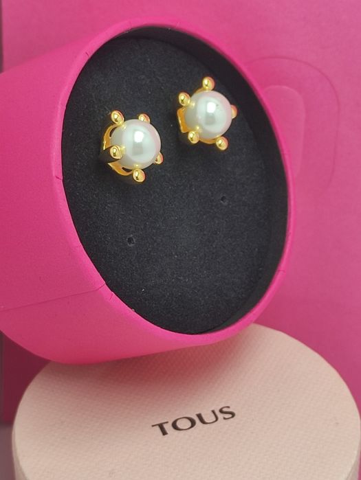 Kolczyki z misiem żółte srebro 925 z perłami 8 mm