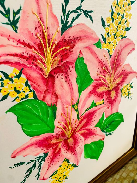 Quadro a óleo pintado em cetim branco
