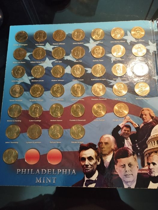 Álbum com 78 moedas de 1 Dollar de todos os Presidentes dos EUA