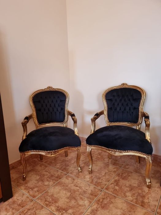 Cadeirões Luís XV Folha Ouro e Veludo Preto