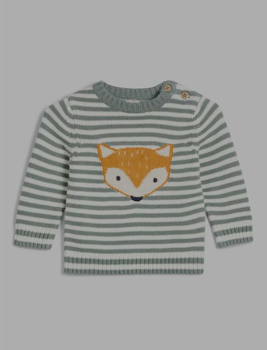 Zielony niemowlęcy sweterek w białe paski z liskiem 62 John Lewis