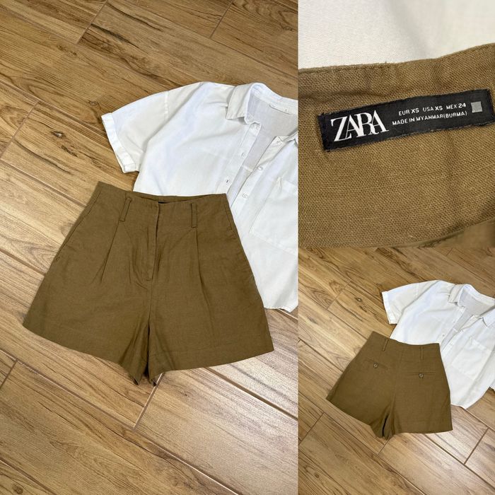 Льняные летние шорты zara хаки женские