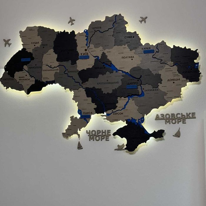 Дерев'яна 3Д карта України з підсвіткою річок карта Украины на стену