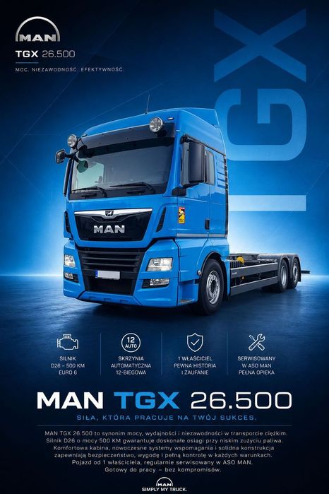 MAN TGX 26.500 / 6X2 / MEGA / SERWIS na 496TKM / RAMA / 3 OŚ SKRĘTNA + PODNOSZONA / KABINA SYPIALNIANA  Najtańszy w EU! Ostatni serwis przy 496TKM, Sypialka, MEGA, 1WŁ!