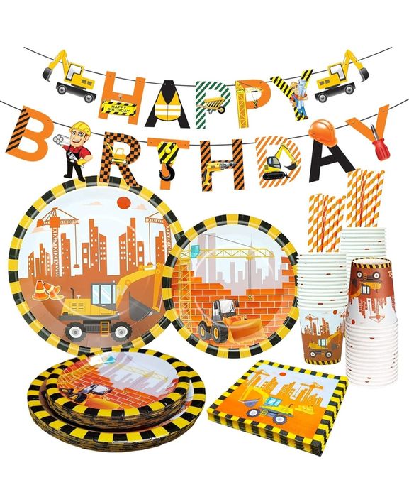 Zastawa na imprezę, urodziny, koparka, dekoracja urodzinowa