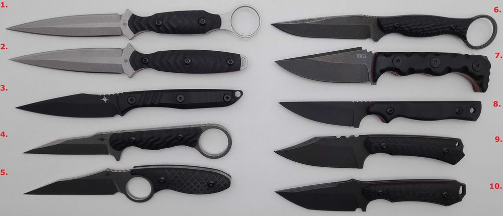 Ножі: TOOR Knives (Anaconda, Spectre, Lance, Serpent, Jank Shank, Cortano), TOPS (Street Scalpel 2.0, Brakimo),  RMJ Tactical: Sparrow, TKell Knives