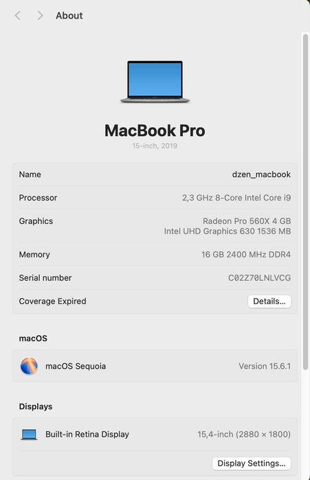 MacBook Pro 15 2019 2,3 GHz i9 16GB 4GB-video 512GB