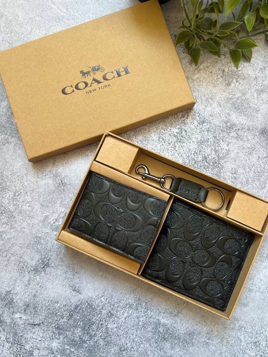 Мужской набор Coach кошелек + визитница + карабин