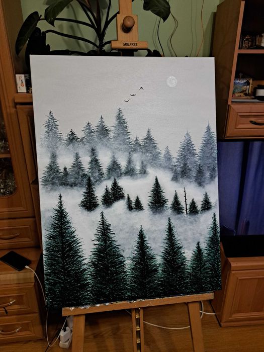 Obraz własnoręcznie malowany, las we mgle