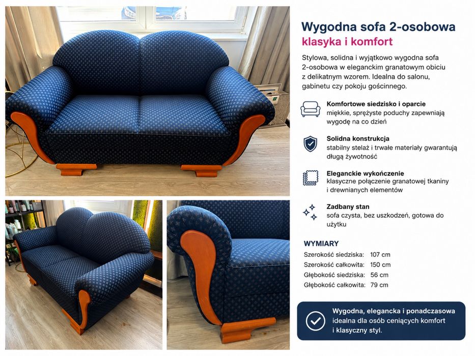 Sofa 2-osobowa granatowa wygodna solidna drewniane wykonczenia