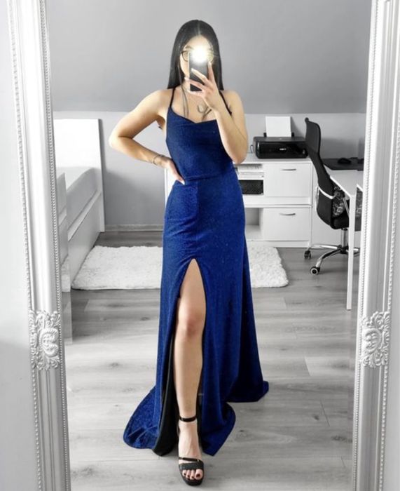 XS (34) Błyszcząca brokatowa sukienka na wesele studniówkę bez pleców