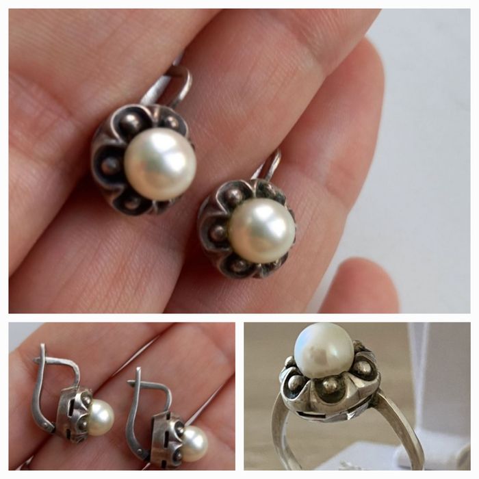 , серебряный комплект с натуральным жемчугом, проба 925