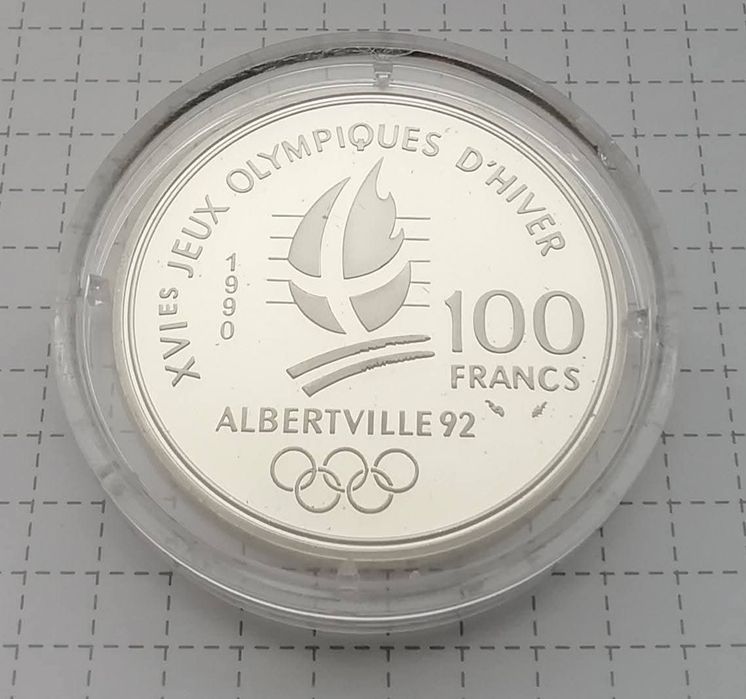 Франція 100 франків 1990р. СРІБЛО. ПРУФ. Олімпіада. Ковзани.